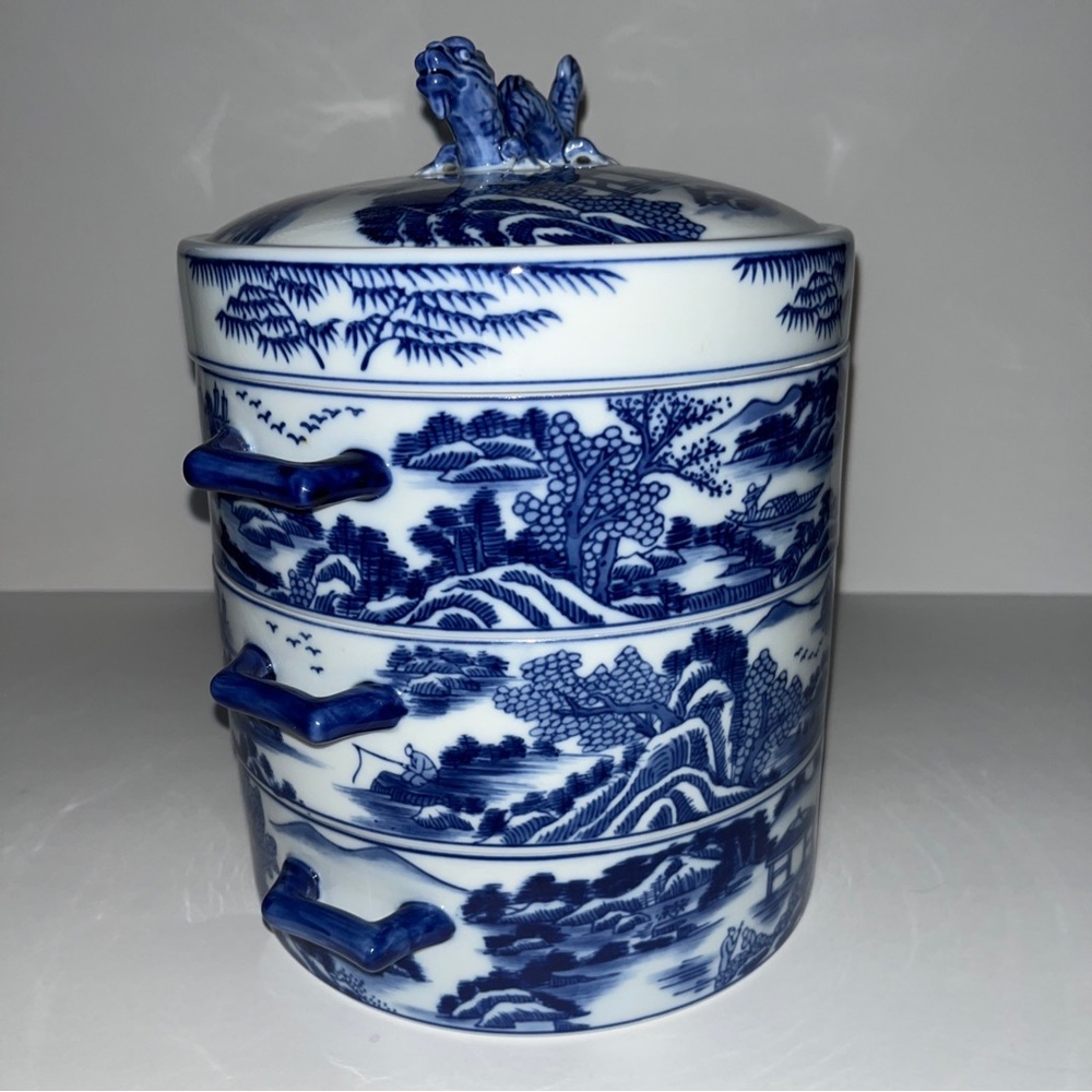 Rare Bombay Porcelain Blue Willow Tiffin Lunch Box Chinese Dragon Stacking Dish - Picture 3 of 9